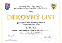 Poděkování za solidaritu příslušníků Univerzity obrany ve prospěch sbírky ke Dni válečných veteránů